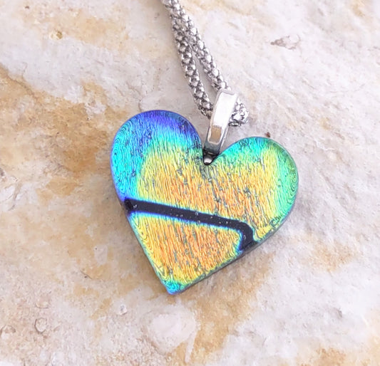 Heart Shaped Fused Glass Dichroic Pendant with Mesh Chain
