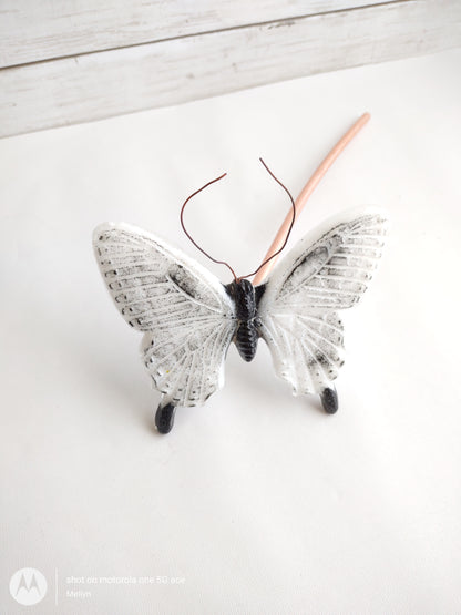 White with Black Fused Glass Butterfly Plant Stake