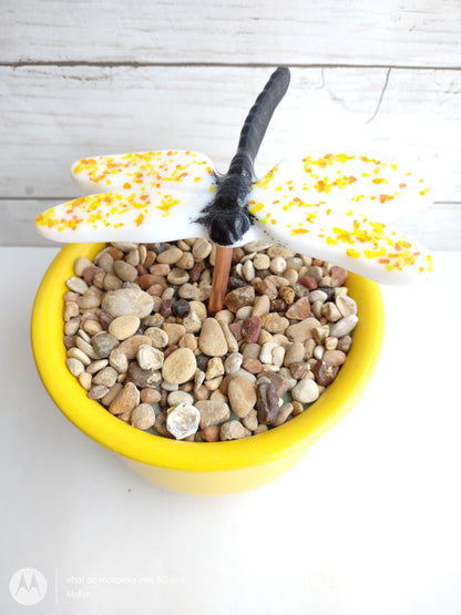 White with Yellow Fused Glass Dragonfly Plant Stake