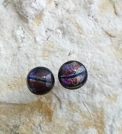 Purple Dichroic with Blue Strip Fused Glass Post Earring
