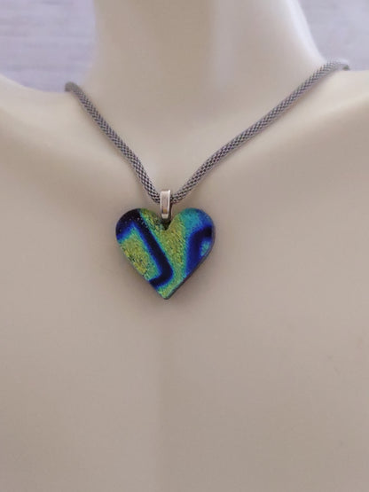 Blue Dichroic Heart Shaped Pendant with Mesh Chain