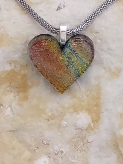 Multi-Color Dichroic Heart Shaped Pendant with Mesh Chain