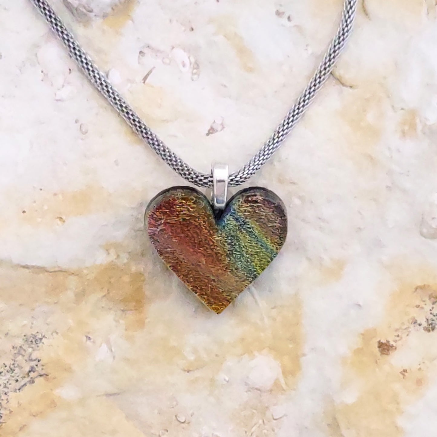 Multi-Color Dichroic Heart Shaped Pendant with Mesh Chain