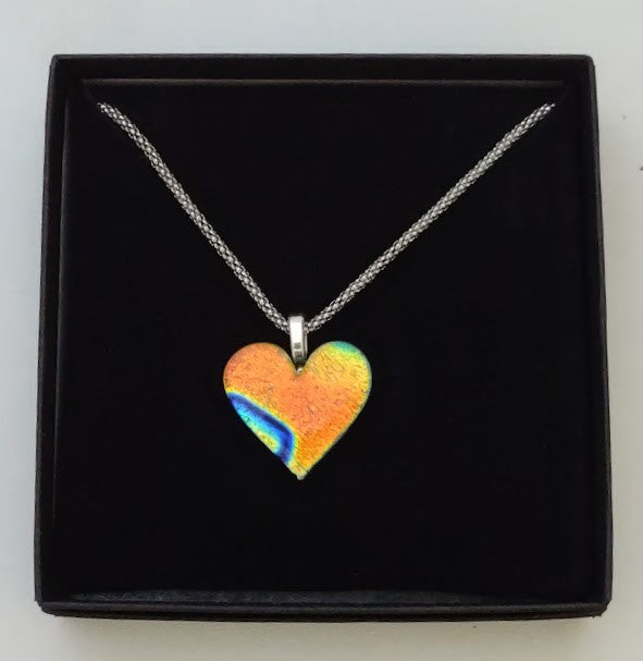 Orange with Blue Dichroic Heart Shaped Pendant with Mesh Chain