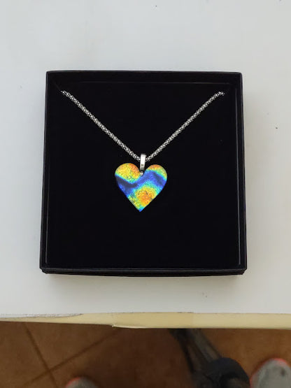 Blue and Orange Dichroic Heart Shaped Pendant with Mesh Chain