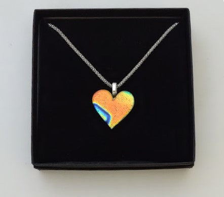 Orange with Blue Dichroic Heart Shaped Pendant with Mesh Chain