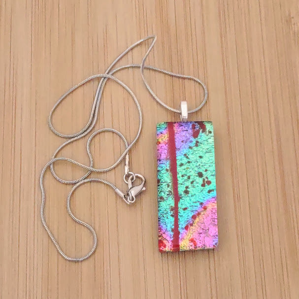 Orange-Yellow Fused Glass Dichroic Pendant with Red Glass