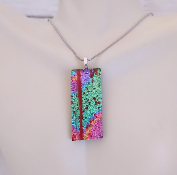 Orange-Yellow Fused Glass Dichroic Pendant with Red Glass