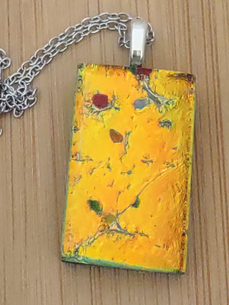 Orange-Yellow Fused Glass Dichroic Pendant with Red Accent