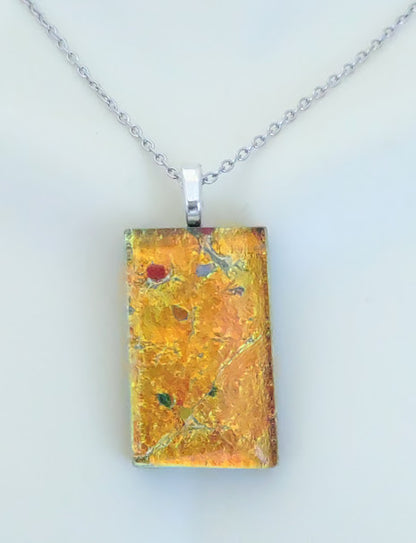 Orange-Yellow Fused Glass Dichroic Pendant with Red Accent