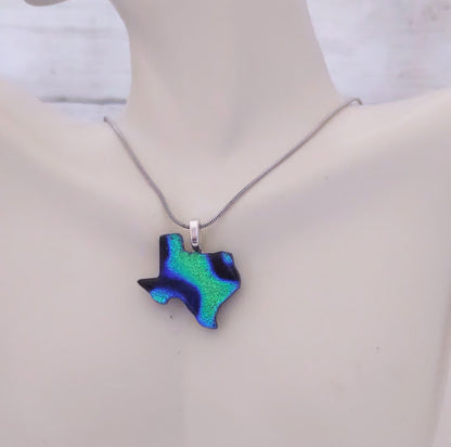 Blue, and Green Dichroic Texas Shaped Pendant with Chain