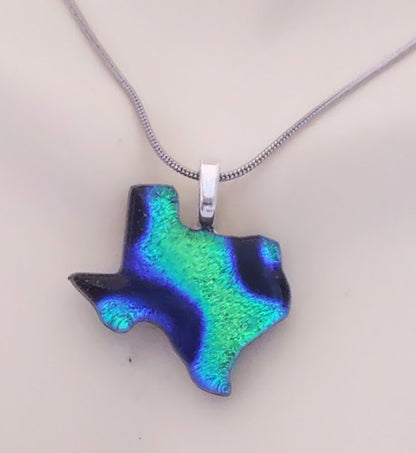 Blue, and Green Dichroic Texas Shaped Pendant with Chain