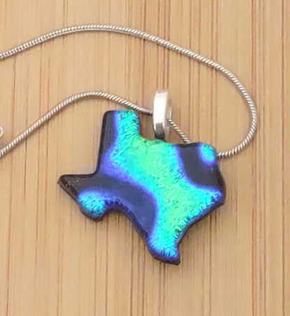 Blue, and Green Dichroic Texas Shaped Pendant with Chain