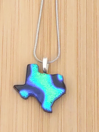 Blue, and Green Dichroic Texas Shaped Pendant with Chain