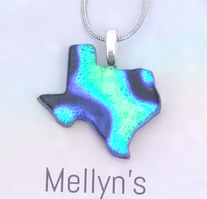 Blue, and Green Dichroic Texas Shaped Pendant with Chain