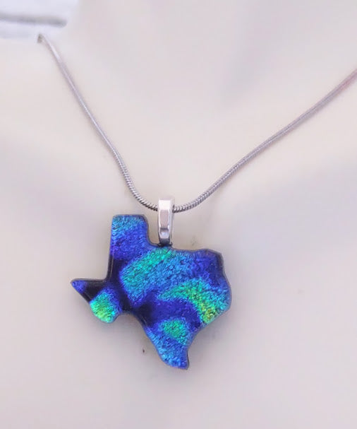 Blue with Green Dichroic Texas Shaped Pendant with Chain