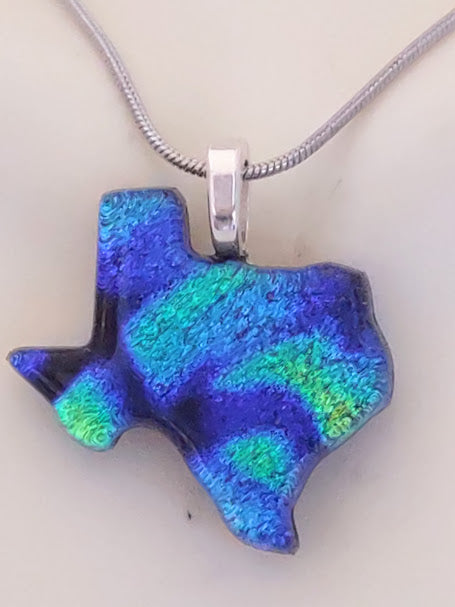 Blue with Green Dichroic Texas Shaped Pendant with Chain