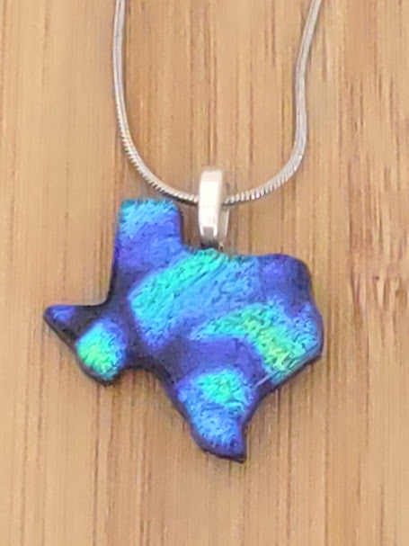 Blue with Green Dichroic Texas Shaped Pendant with Chain