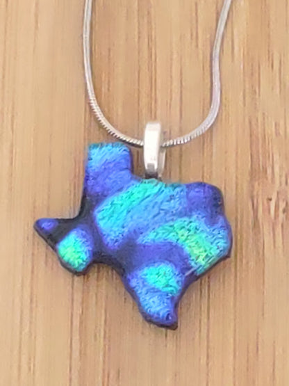 Blue with Green Dichroic Texas Shaped Pendant with Chain