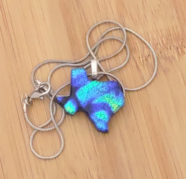 Blue with Green Dichroic Texas Shaped Pendant with Chain