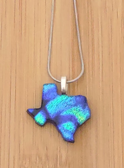 Blue with Green Dichroic Texas Shaped Pendant with Chain