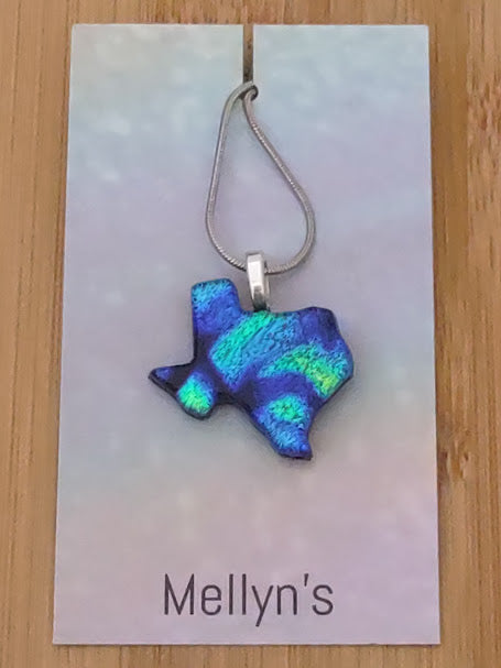 Blue with Green Dichroic Texas Shaped Pendant with Chain