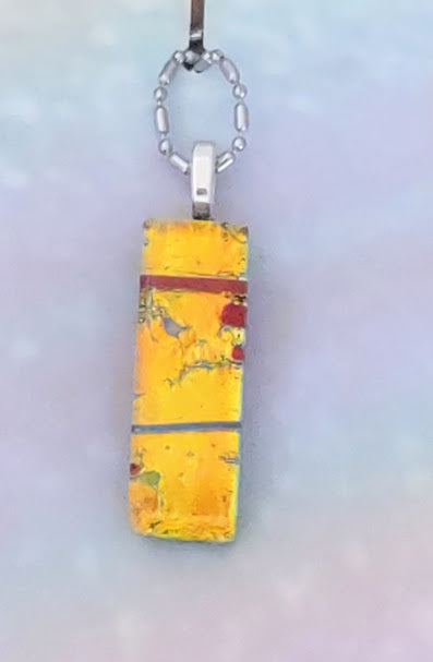 Orange-Yellow Fused Glass Dichroic Pendant with Red and Blue Accent