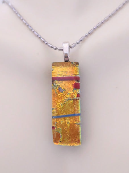 Orange-Yellow Fused Glass Dichroic Pendant with Red and Blue Accent