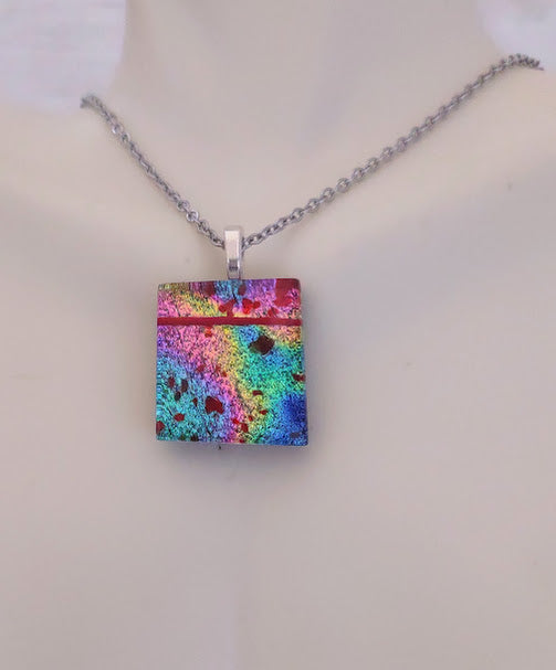 Multicolored Fused Glass Dichroic Pendant with Red Glass Accents