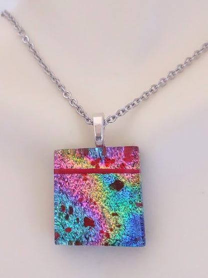 Multicolored Fused Glass Dichroic Pendant with Red Glass Accents