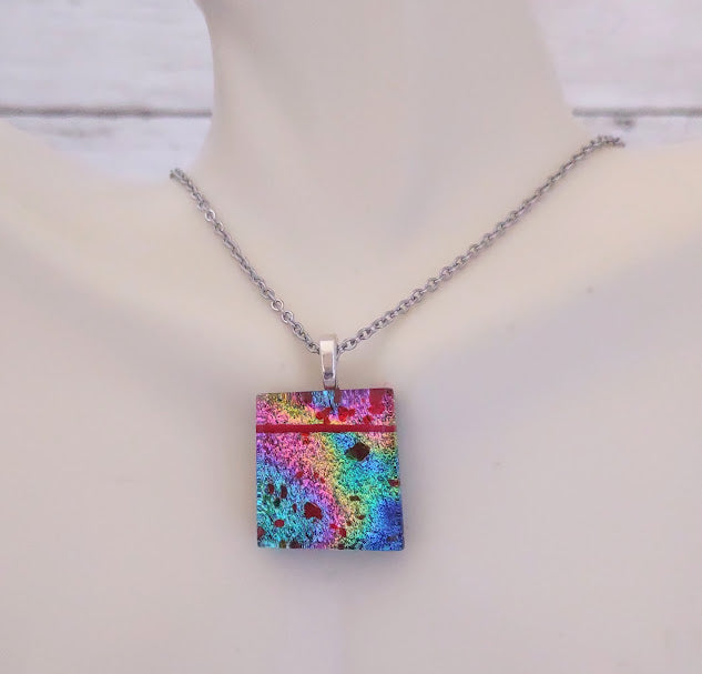 Multicolored Fused Glass Dichroic Pendant with Red Glass Accents