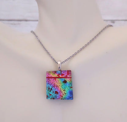 Multicolored Fused Glass Dichroic Pendant with Red Glass Accents