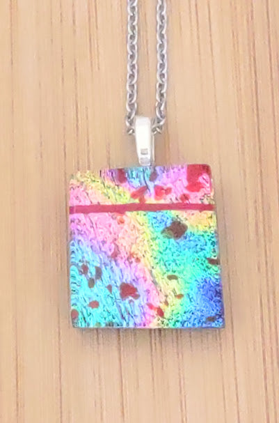 Multicolored Fused Glass Dichroic Pendant with Red Glass Accents