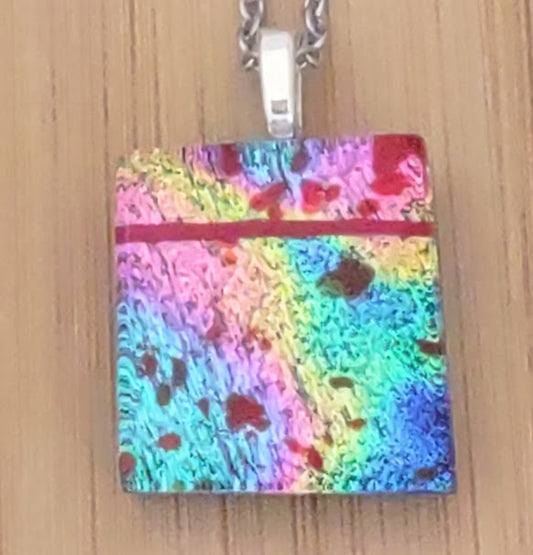 Multicolored Fused Glass Dichroic Pendant with Red Glass Accents