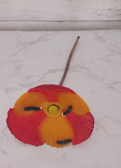 Fused Glass Poppy Flower with Worm Plant Stake