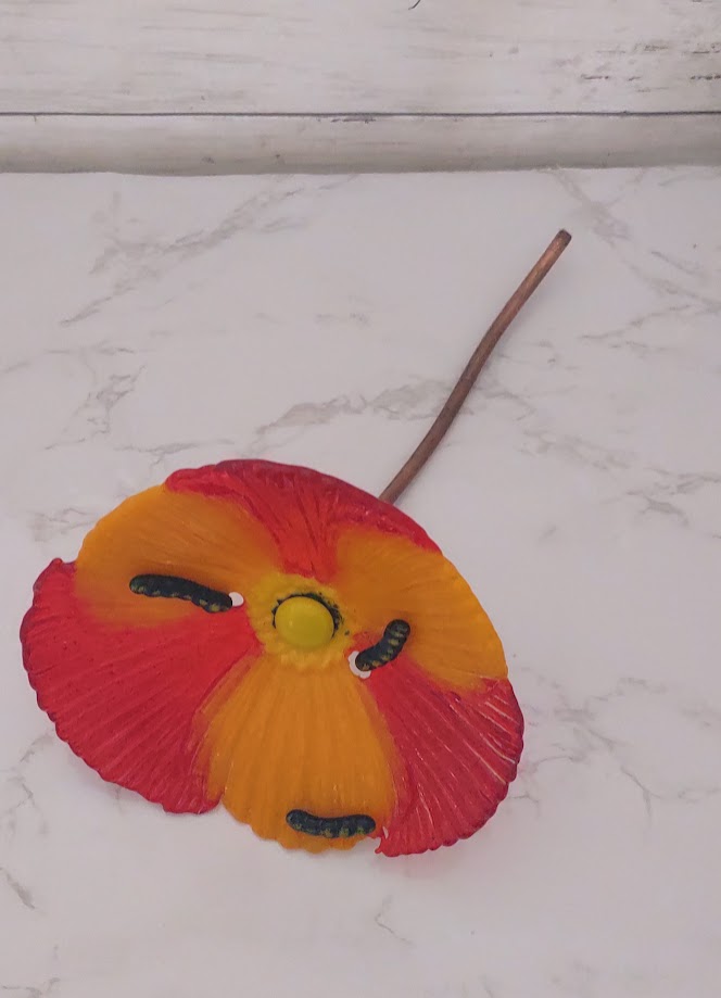 Fused Glass Poppy Flower with Worm Plant Stake