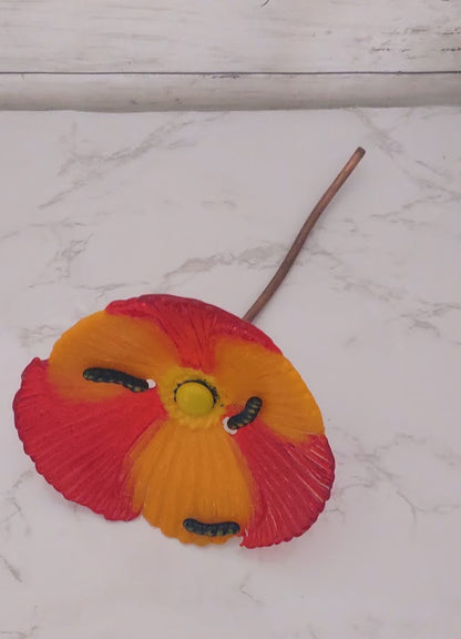 Fused Glass Poppy Flower with Worm Plant Stake