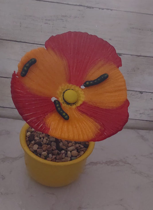 Fused Glass Poppy Flower with Worm Plant Stake
