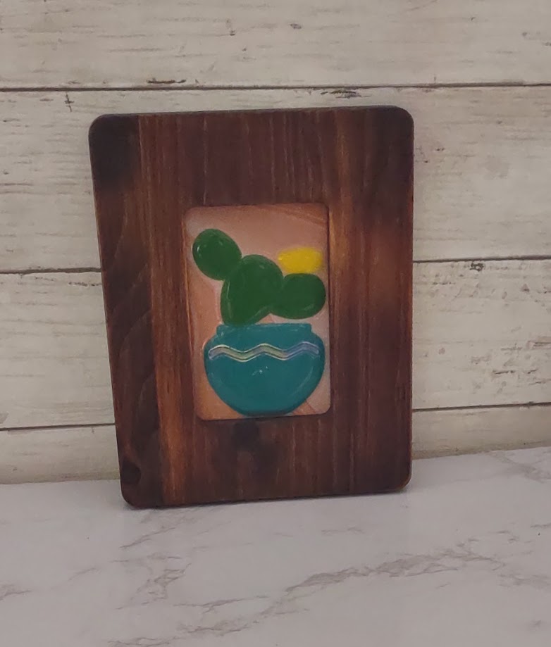 Fused Glass Framed Cactus Glass Art with Southwest Colors