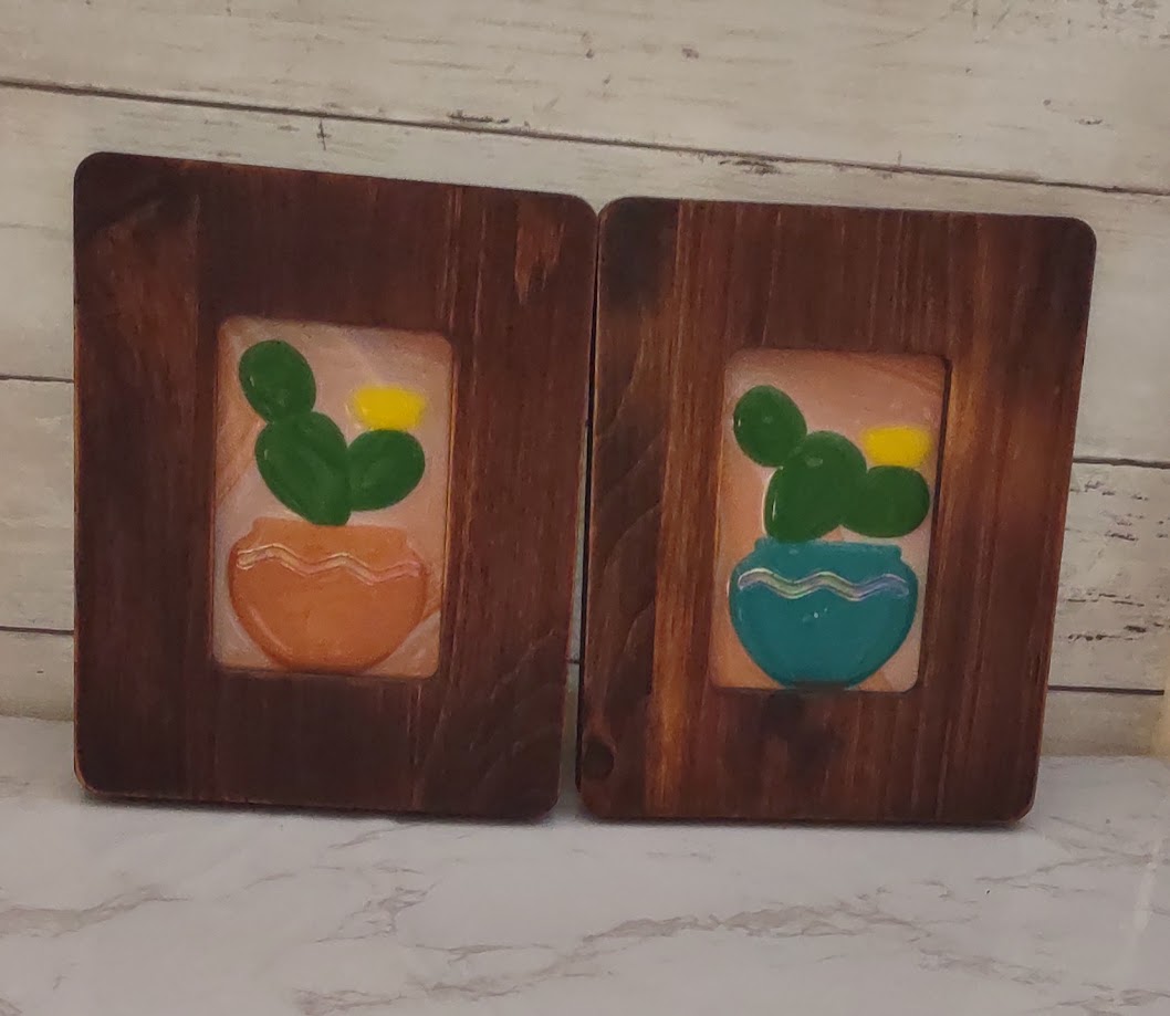 Fused Glass Framed Cactus Glass Art with Southwest Colors