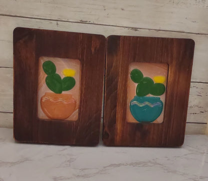 Fused Glass Framed Cactus Glass Art with Southwest Colors