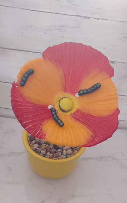Fused Glass Poppy Flower with Worm Plant Stake