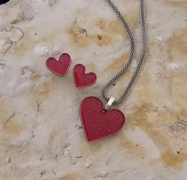 Red Dichroic Heart Shaped Pendant with Matching Post Earrings