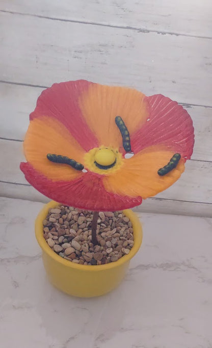 Fused Glass Poppy Flower with Worm Plant Stake