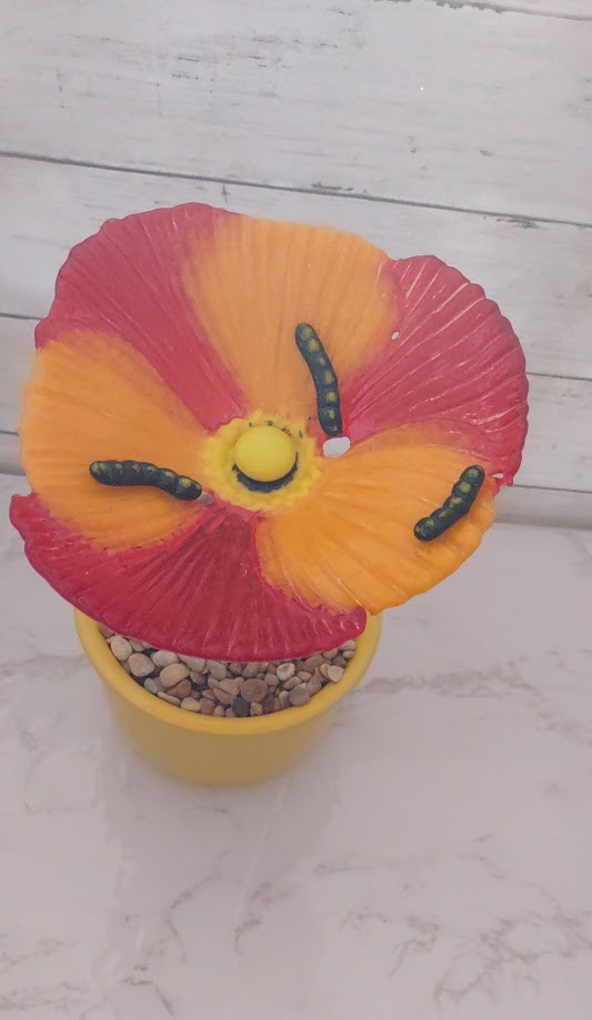 Fused Glass Poppy Flower with Worm Plant Stake