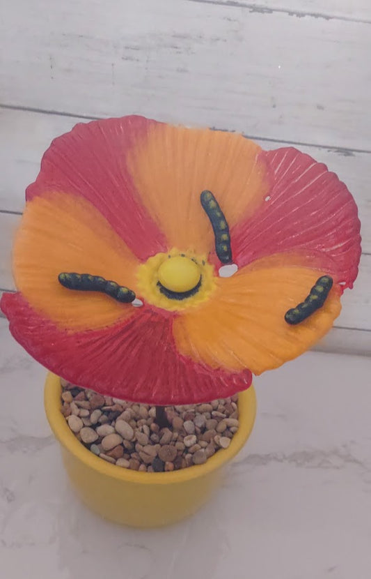 Fused Glass Poppy Flower with Worm Plant Stake