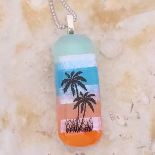 Fused Glass Striped Palm Tree Pendant Handmade