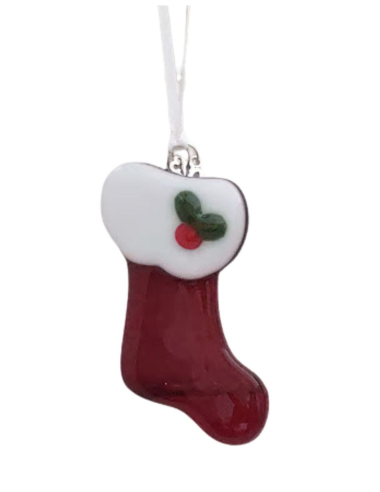 Fused Glass Red Christmas Stocking Ornament with Currant Year Charm