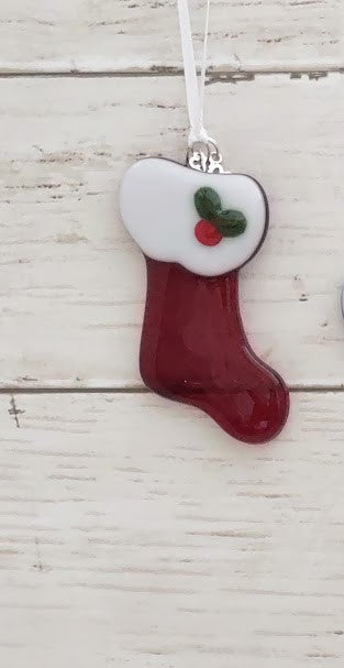 Fused Glass Red Christmas Stocking Ornament, Christmas Tree Ornament