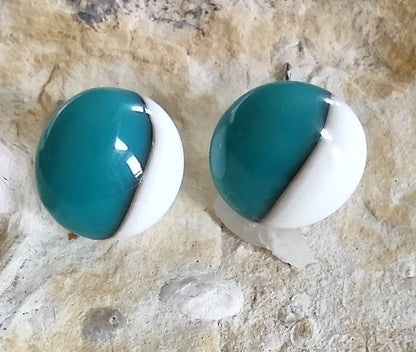 Reactive Turquoise Green and Cream Fused Glass Earrings